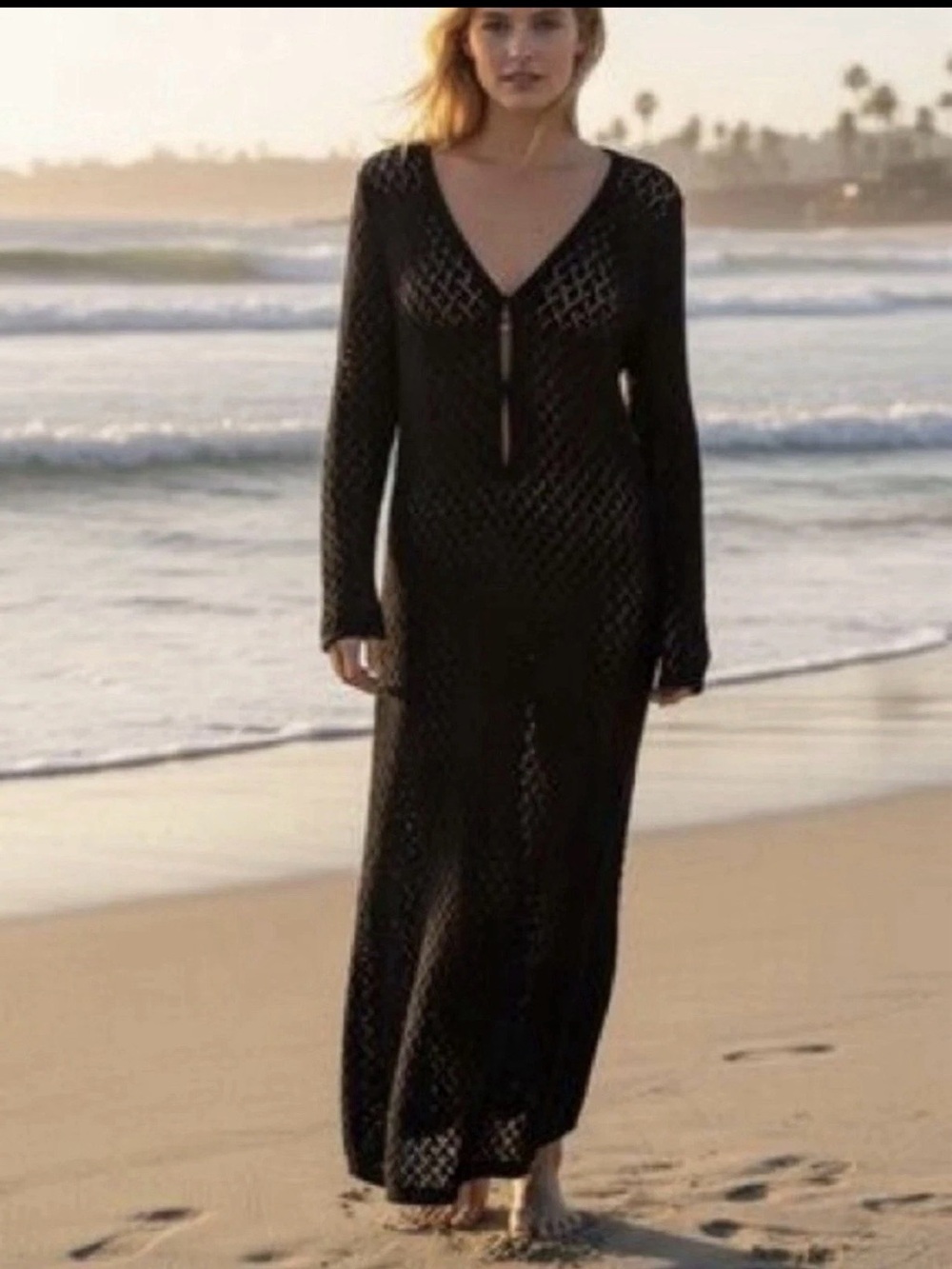 House of Harlow 1960 Black Crochet Knit Maxi Cover Up Dress Size S Boho Chic